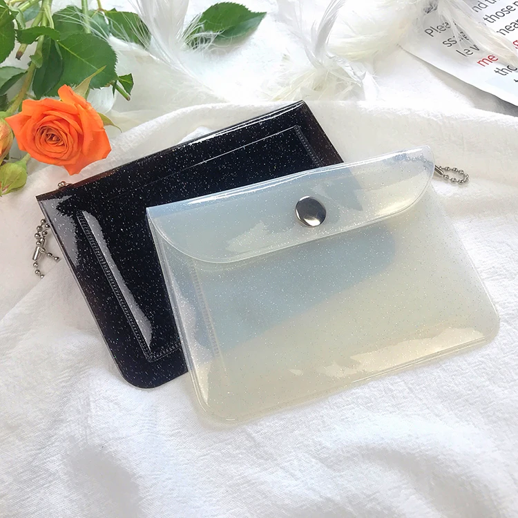 Transparent Glitter PVC Card Bag with Bead Chain Portable Travel Coin Purse Snap Closure Small Pouch Card Holders for Women