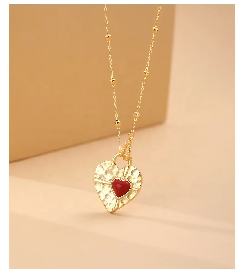 Trendy new sterling silver 925 gemstone jewelry 18k gold red agate onyx heart lock shape pendant necklace for women