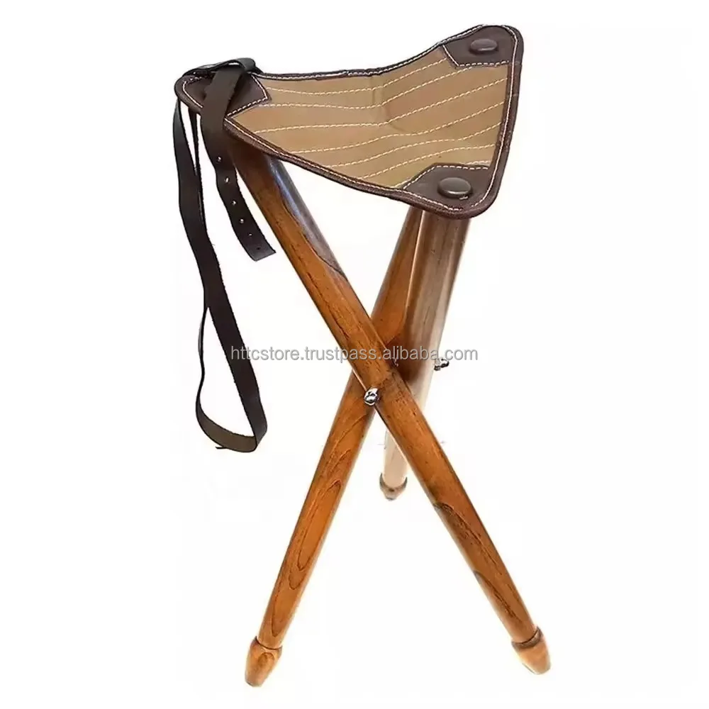 Wholesale Price Tripod Wooden Folding Stool Leather Seat Camping Outdoor Fishing Hunting Stool