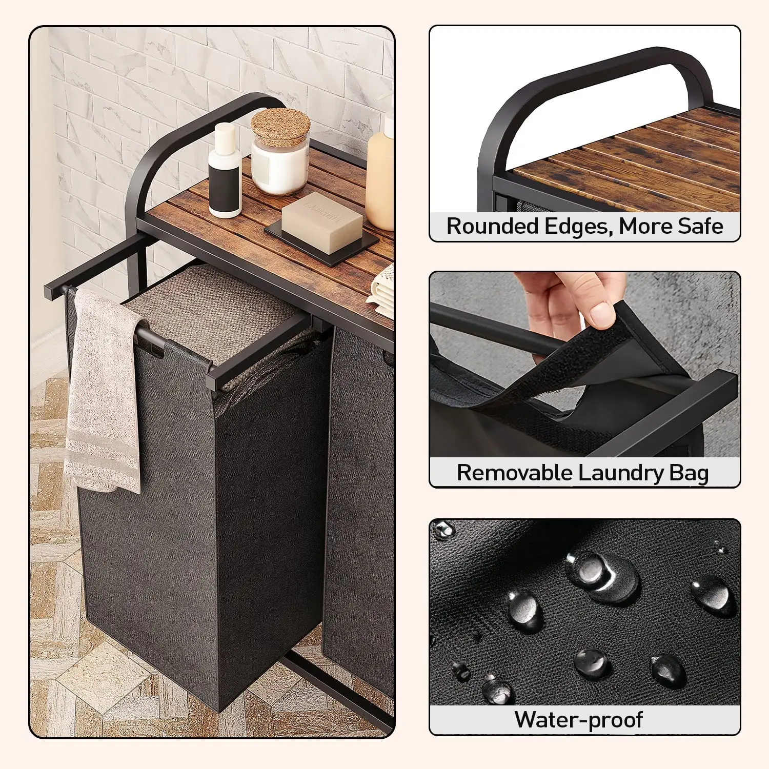 Removable Laundry Bags Storage Black Laundry Sorter Metal Laundry Basket with lid