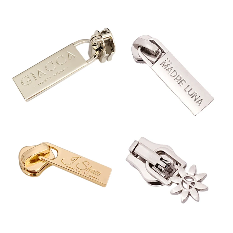 Custom Engraved Logo Metal Brand Zipper Pull Charms, Custom Made Bag Metal Zipper Slider Puller For Handbag Garment