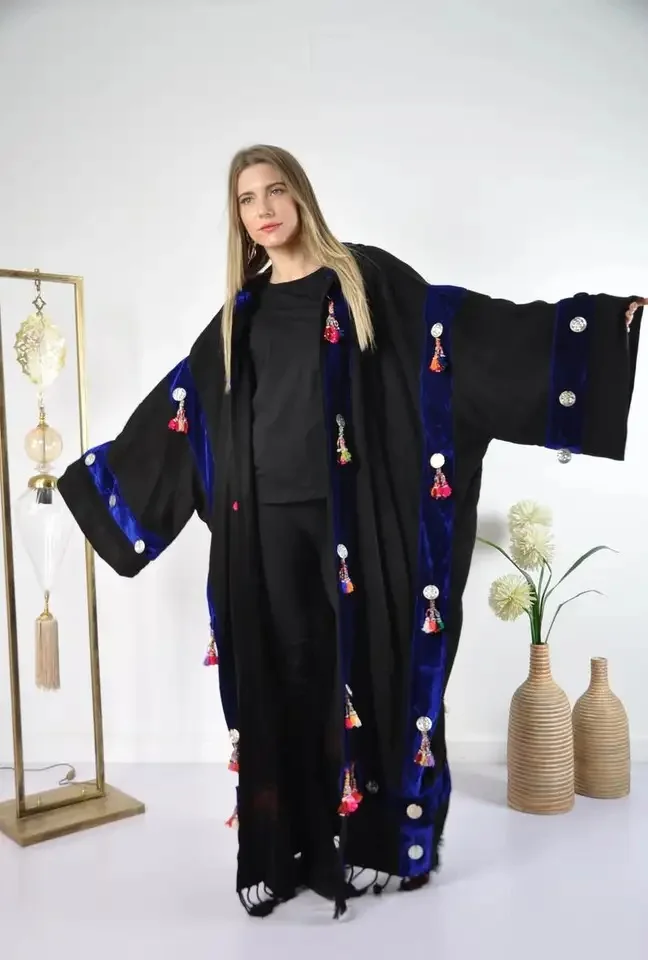 New Arrival Women Unique Silver Coins Designer Hooded Coat Gypsy Style Velvet Abaya Dress For Women