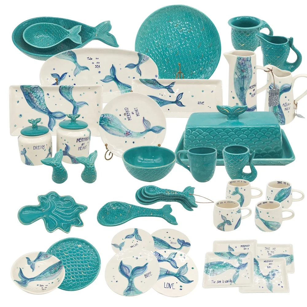 Mermaid series vajilla completa peacock blue earthenware clay decorative luxury dinnerware plate full sets