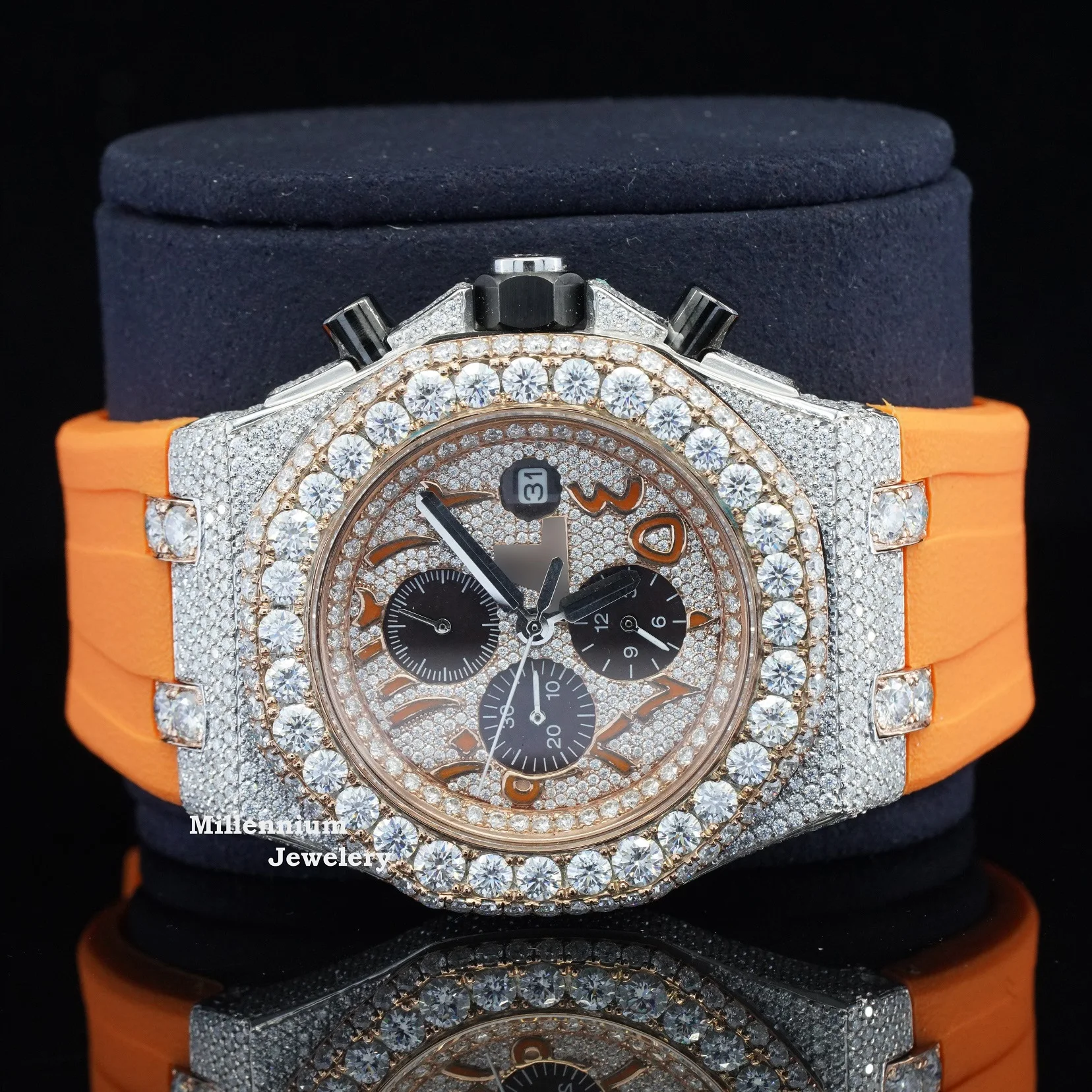 Top Selling Branded Iced Out Moissanite Watch Hip Hop Bust Down Chrono Watch For Men Rubber Belt Watch At Wholesales Price