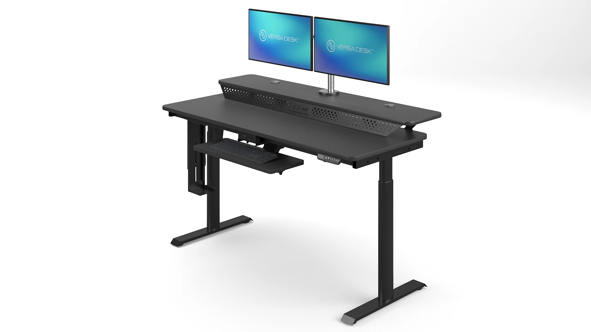VersaDesk Modern Powerlift Split Level Electric Standing Desk Black-for Office Home School Living Room or Outdoor Use