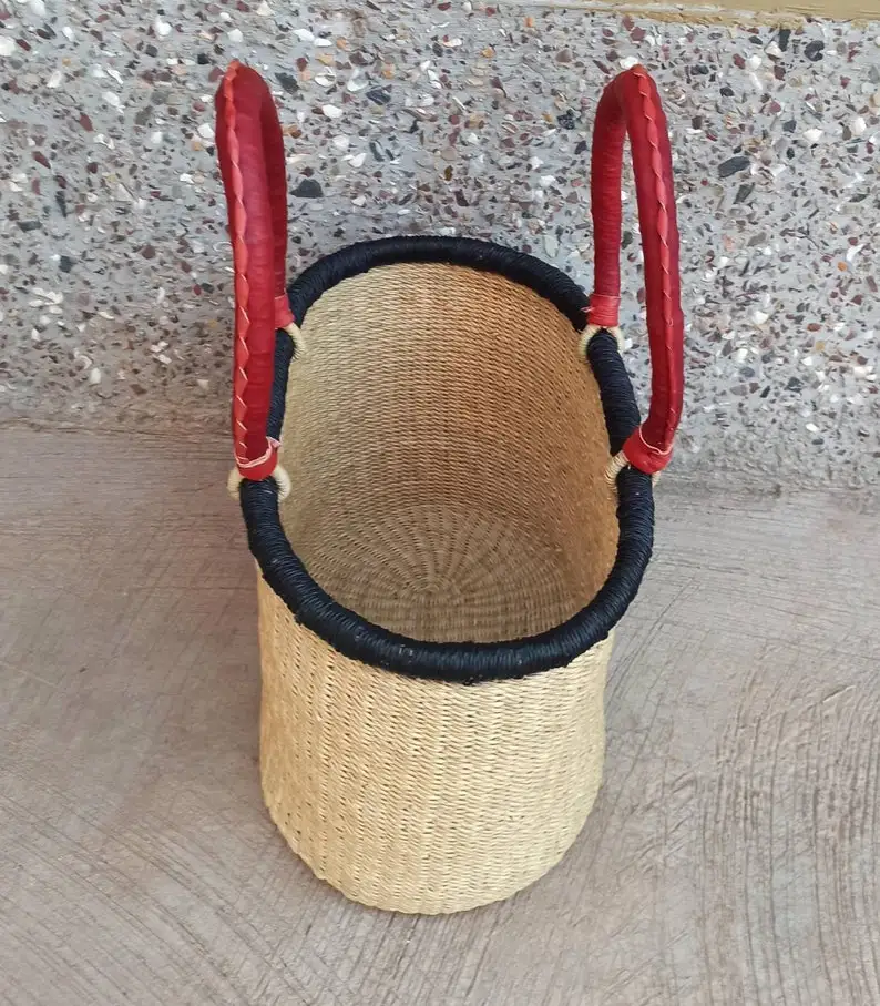 African Bolga Woven Market Basket, Large Storage Basket, Straw Bag