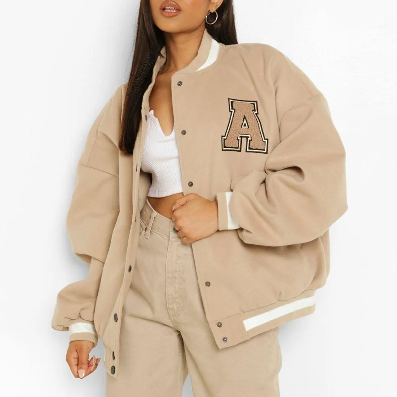 wholesale blank custom crop top varsity bomber winter jacket wool varsity jacket women