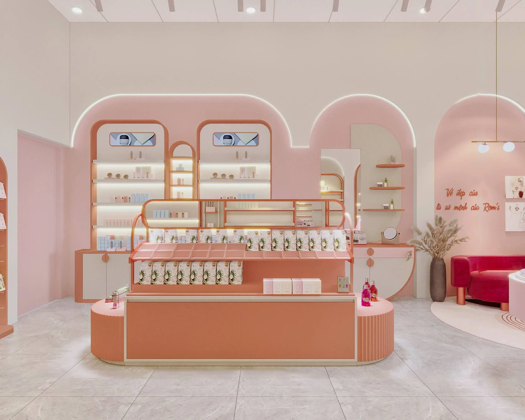 Заводская витрина изготовленная на заказ розового магазина дизайн интерьера под идеи декорирования косметический витринный шкаф магазин