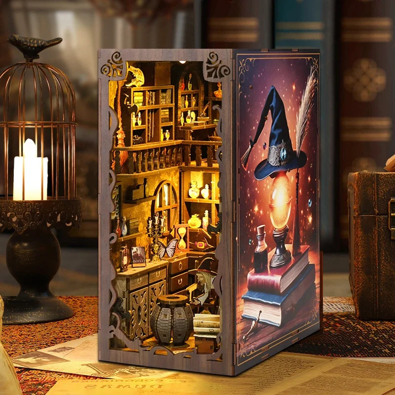 Best style wood puzzle toy book nook dollhouse library magic Christmas gift 3D puzzle wooden diy house miniature book nook