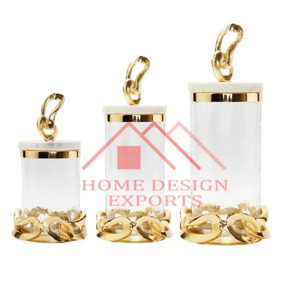 Luxury Brass and Glass Foods Biscuits/Cookies Canister Set of 3 for Kitchenware Equipment Unique Glass Foods Canisters Sets of 2