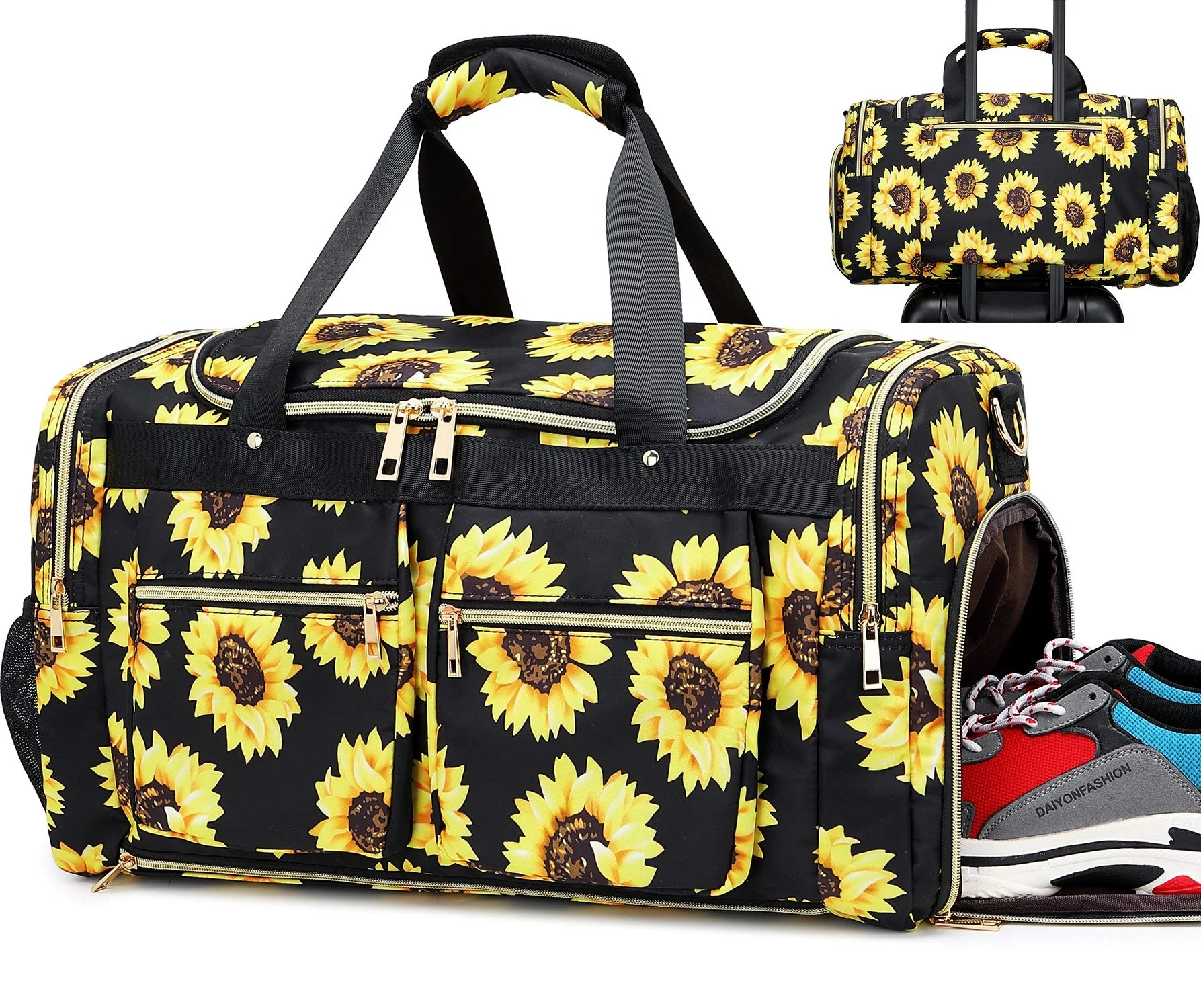 Weekender Overnight Duffel Bag Shoe Pocket for Women Men Weekend Travel Tote Carry On Bag (Sunflower Black) Travel Bag