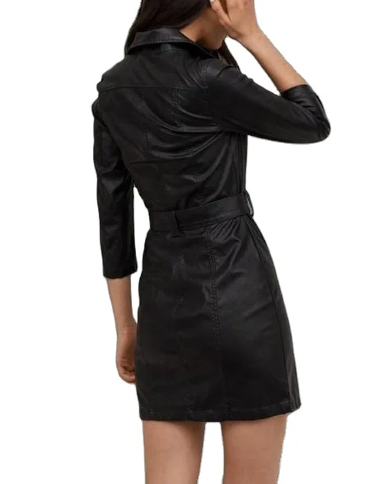 Custom Logo Ladies knee length sheep leather dress/High fashion lamb leather dress/New design brown leather dress for women