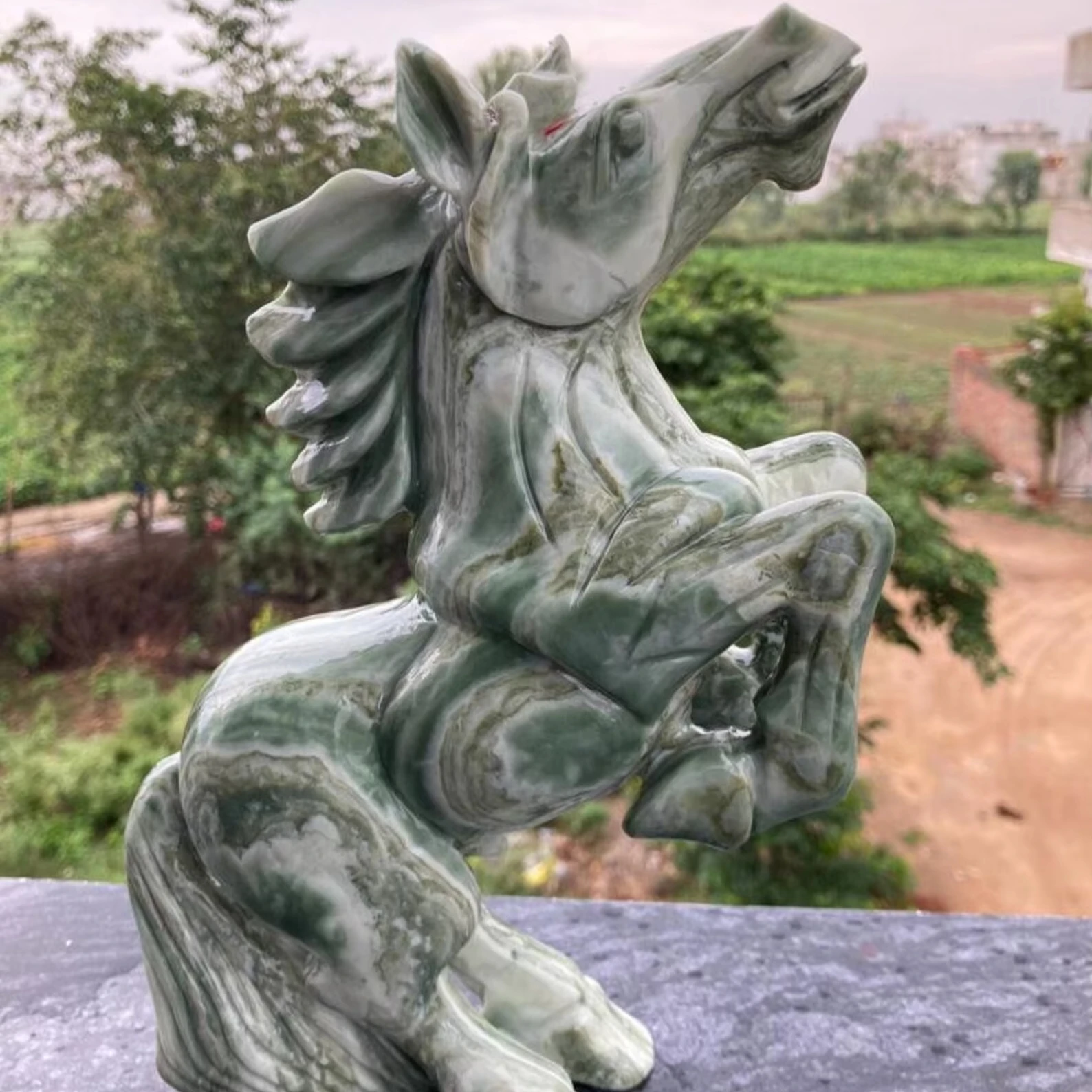 Stunning Serpentine Horse Statue Natural Crystal Carving Home Decor Heart Chakra Semi-Precious Stone Craft