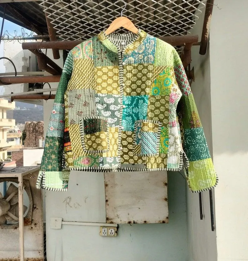 Handmade Patchwork Jackets Indian Cotton Winter Jacket Coat Bohemian Style Unisex Short Quilted Jacket
