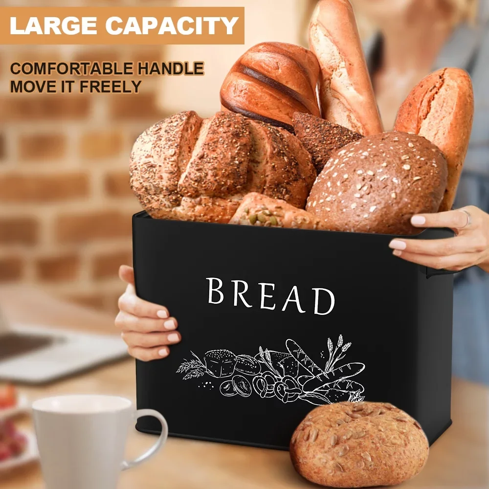 Black Bread Box for Kitchen Counter, Metal Bread Storage Bin with Wooden Cutting Lid, Large and Capacity for Holding