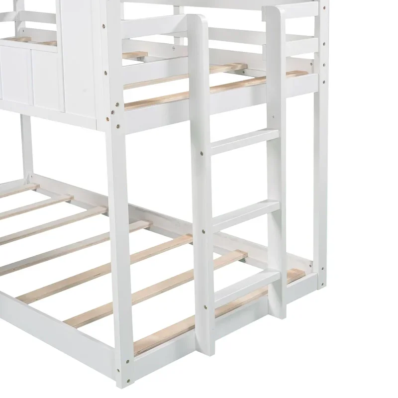 GOODFRIENDSHIP Double Roof Bed with Slide, Twin Over Twin Bunk Bed with Windows and Roof, Ladder and Guardrails