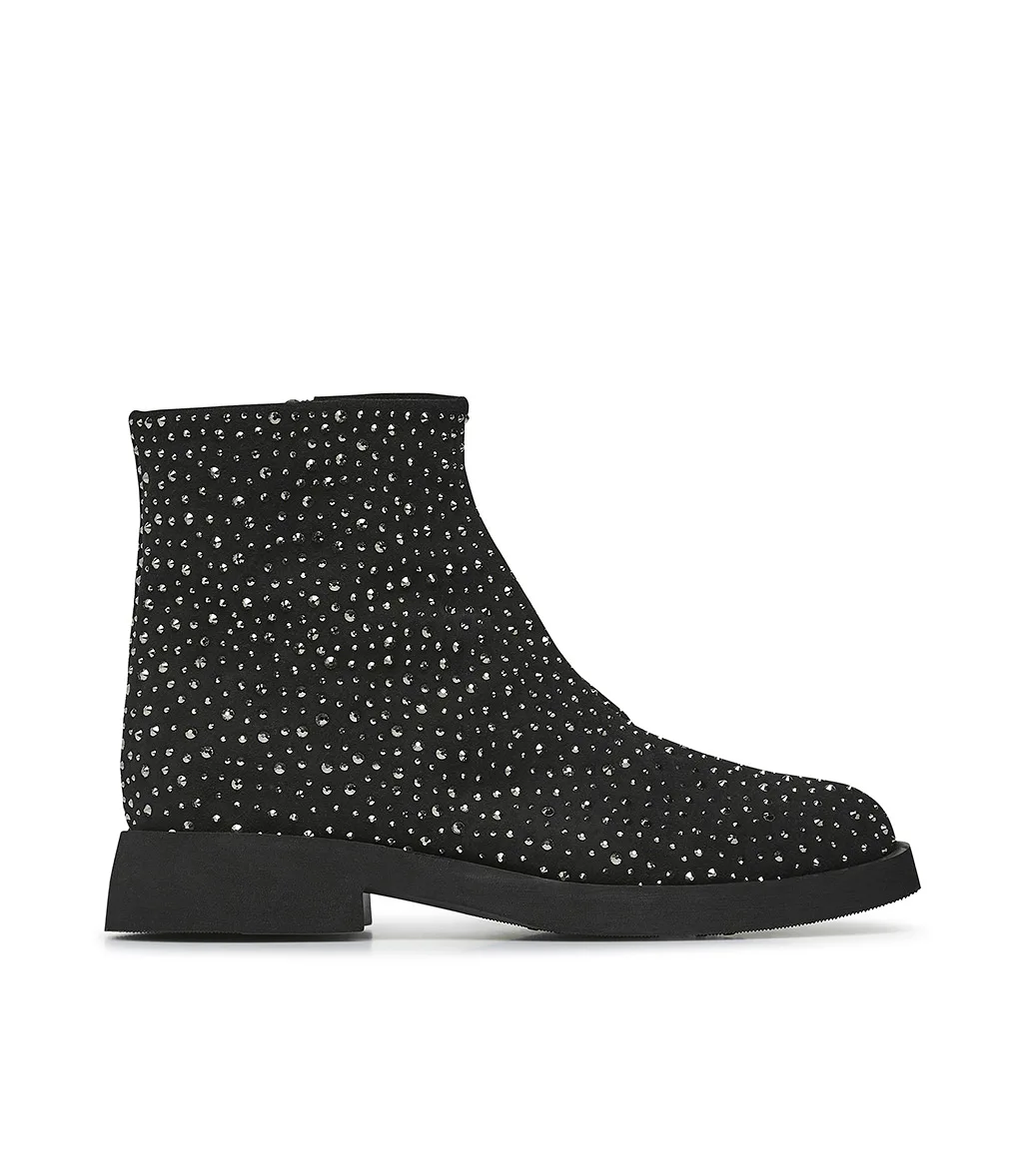 Rhinestone studded ankle boots crafted in Italy from premium black suede on a rounded toe and rubber sole for wholesale