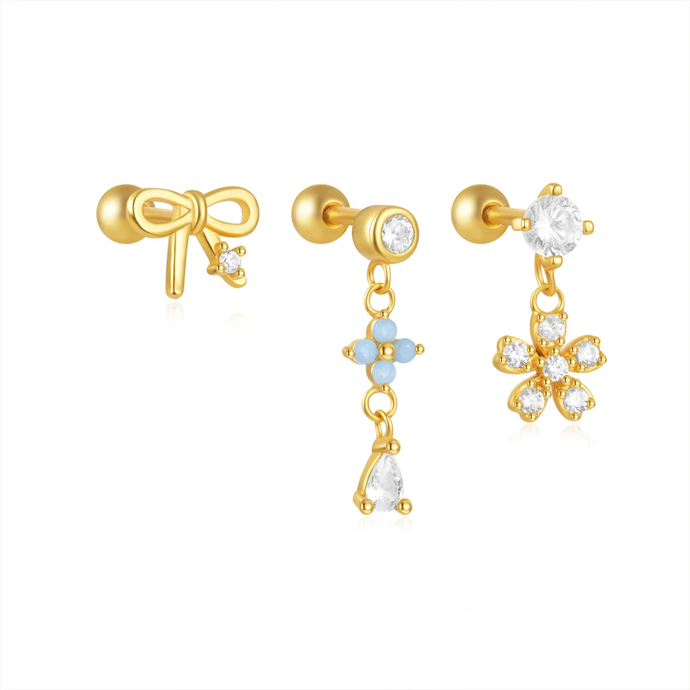 CANNER S925 Silver Bow-Knot Star Crescent Moon Heart Flower Zircon Piercing Chain Earring Trugus Cartilage Piercing Earrings