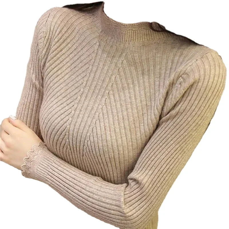 Women Mock Neck Sweater Long Sleeve Knitted Bottoming Solid Pullovers Women Casual Stripe Sweater Autumn Winter 2024