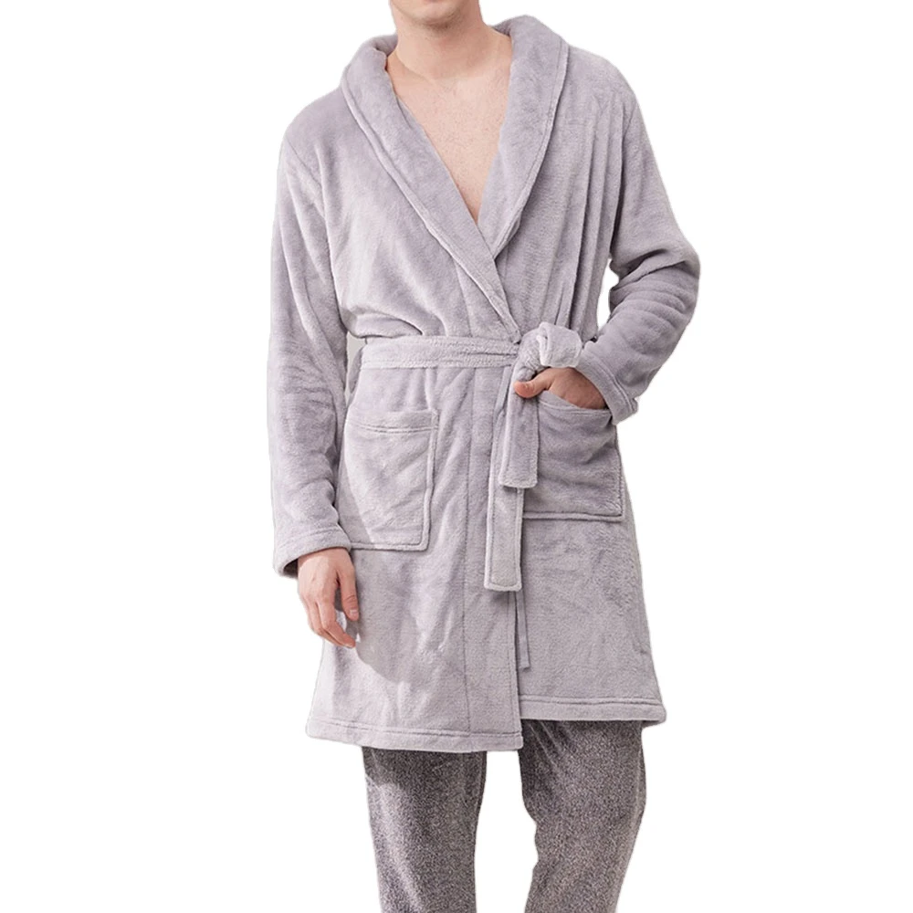 Men Thicker Winter Bathrobe Relaxed Fit Shawl Lapel Long Sleeve Waist Belt Patch Pocket Men Fleece Pajama Sleepwear Robe