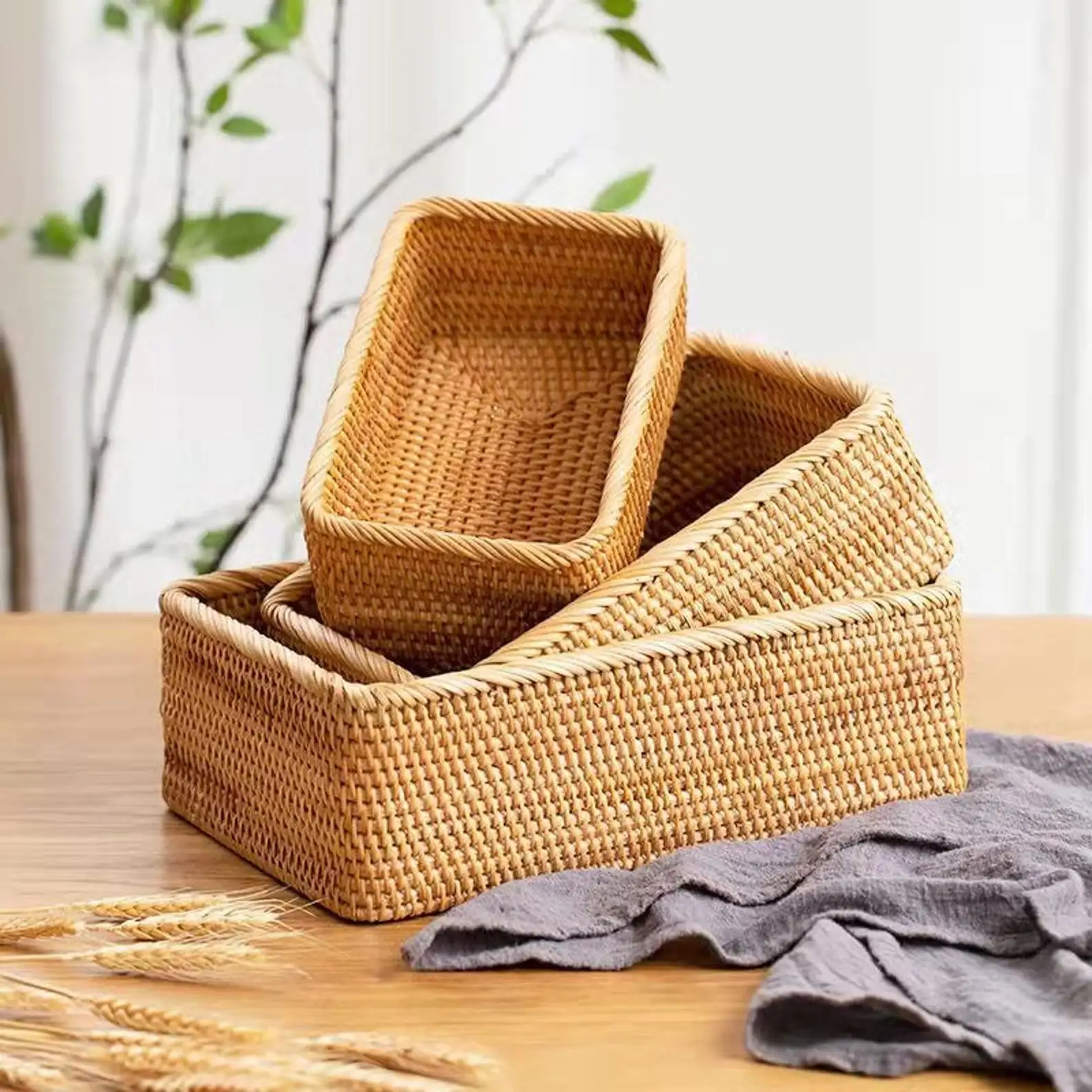 Rustic Rattan Woven Basket Wicker Baskets Storage Organizer for Home Office Organization Office Paper Basket