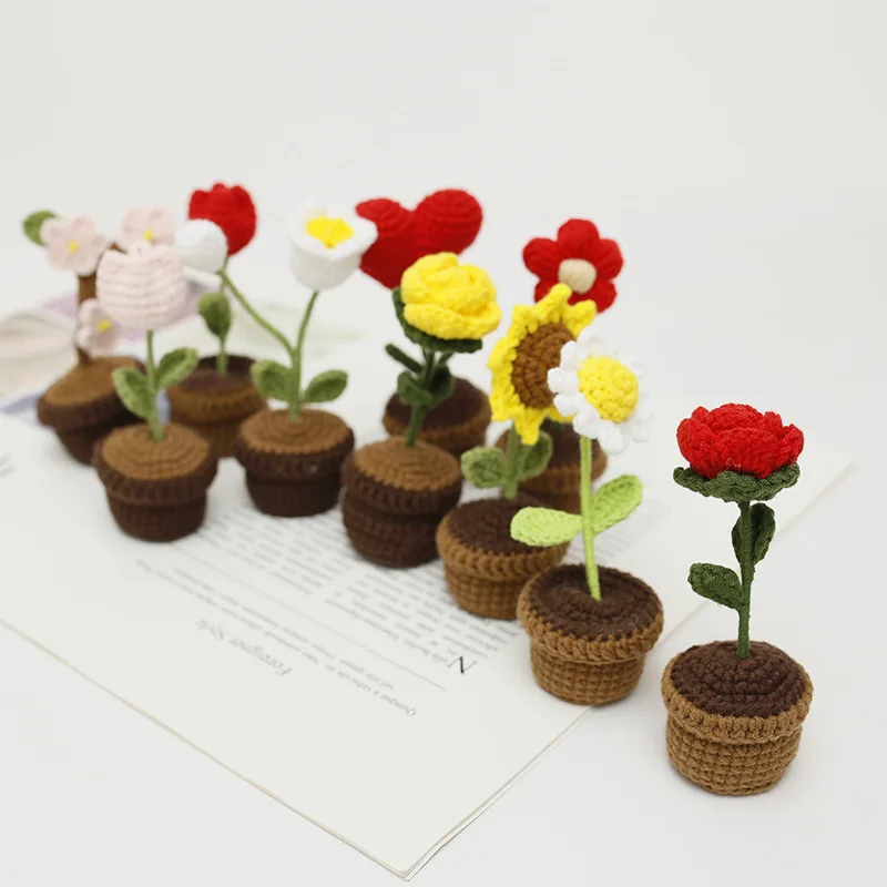 Wholesale Crochet Flower Decor Handmade Crochet Flower Pot Plant Knitted Potted Flowers Gift for Crochet Decoration Bouquet