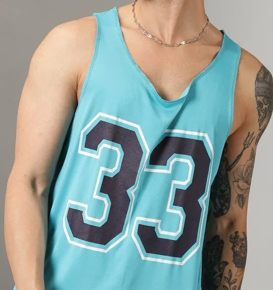 Custom Hip Hop Street Style Wear Sleeveless Tshirt For Men Sea Green No Printed V-Neck Raw Edge T-shirt Knitted Polyester Fabric