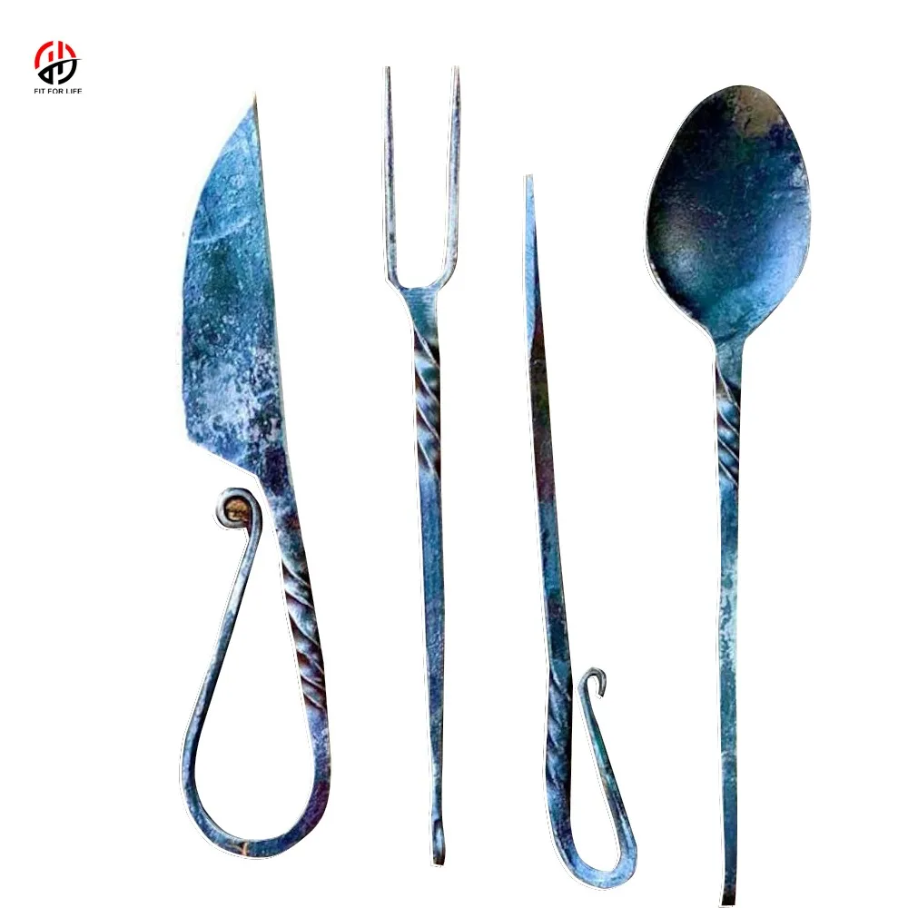 factory price Medieval Outdoor Viking Knife Spoon Fork Gift Flat Wear with Leather Pouch Cutlery leather sheath