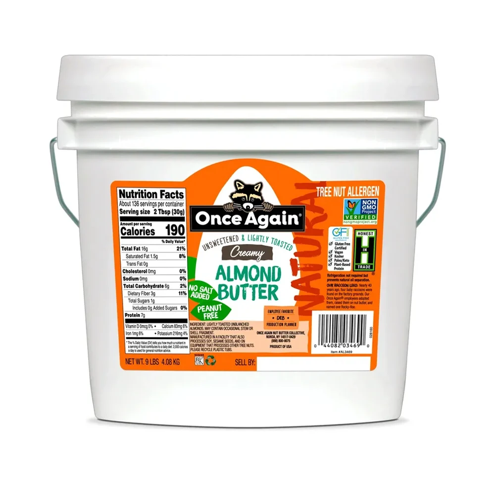 Premium Quality Organic Lightly Toasted Smooth Almond Butter 9lb Pail Salt-Free Unsweetened Peanut Butter