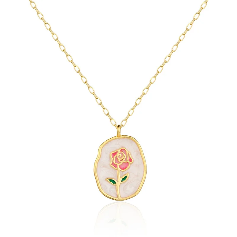 Vintage S999 Silver Rose Enamel Necklace Drop Oil Flower 18K Gold Plated Coin Pendant Best Selling Fine Jewelry Wholesale