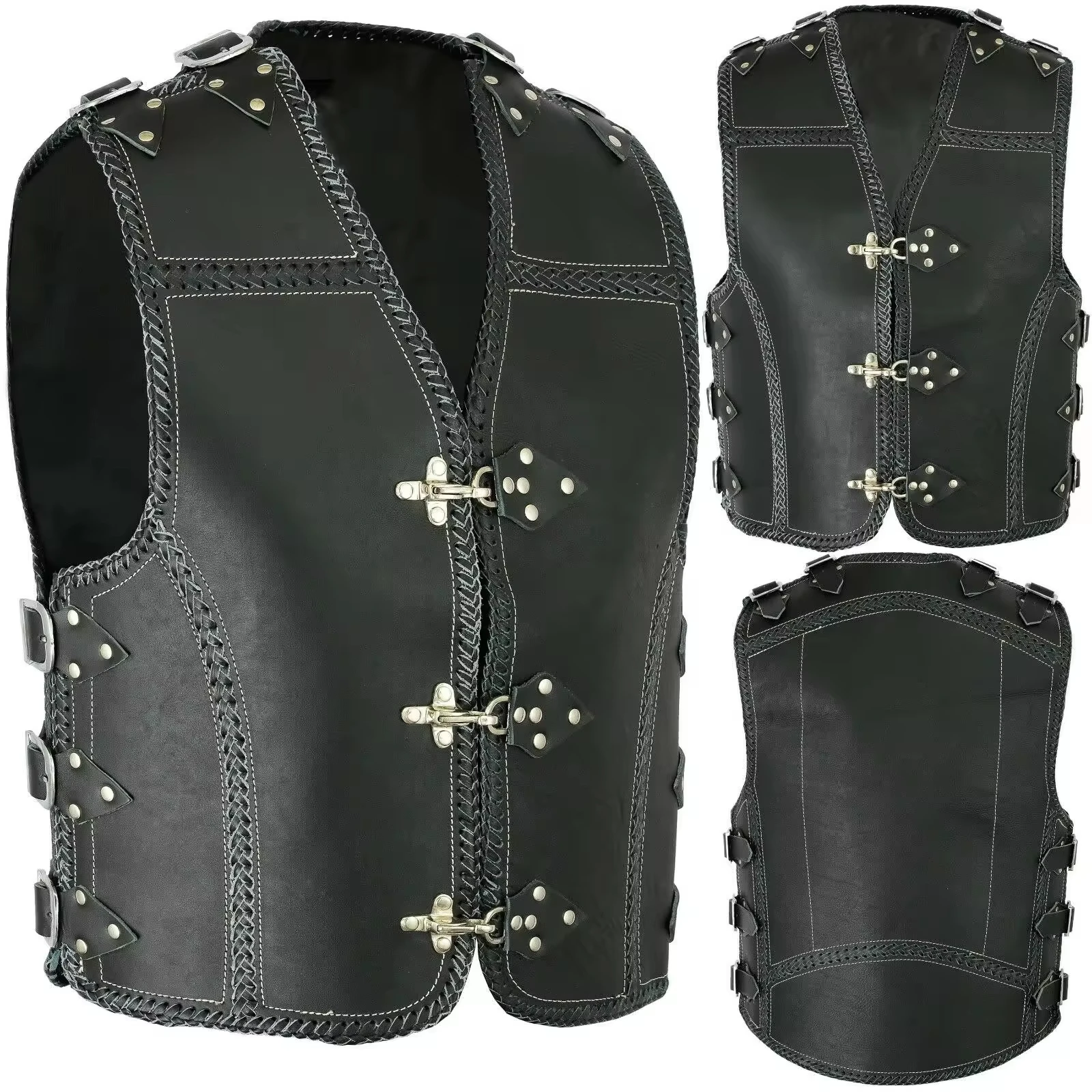 OEM Custom Design High Quality Embroidery Top Grade Thick Cowhide Leather Vest Fully lined with leather Motorbike Leather vests