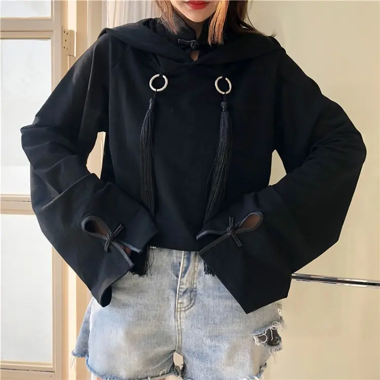 Women Fashion Long Sleeve Black Crop Top Gothic Short Hoodies Sexy Women Pullover Jumper Sweatshirt Girl Gothic Cropped Hoodie