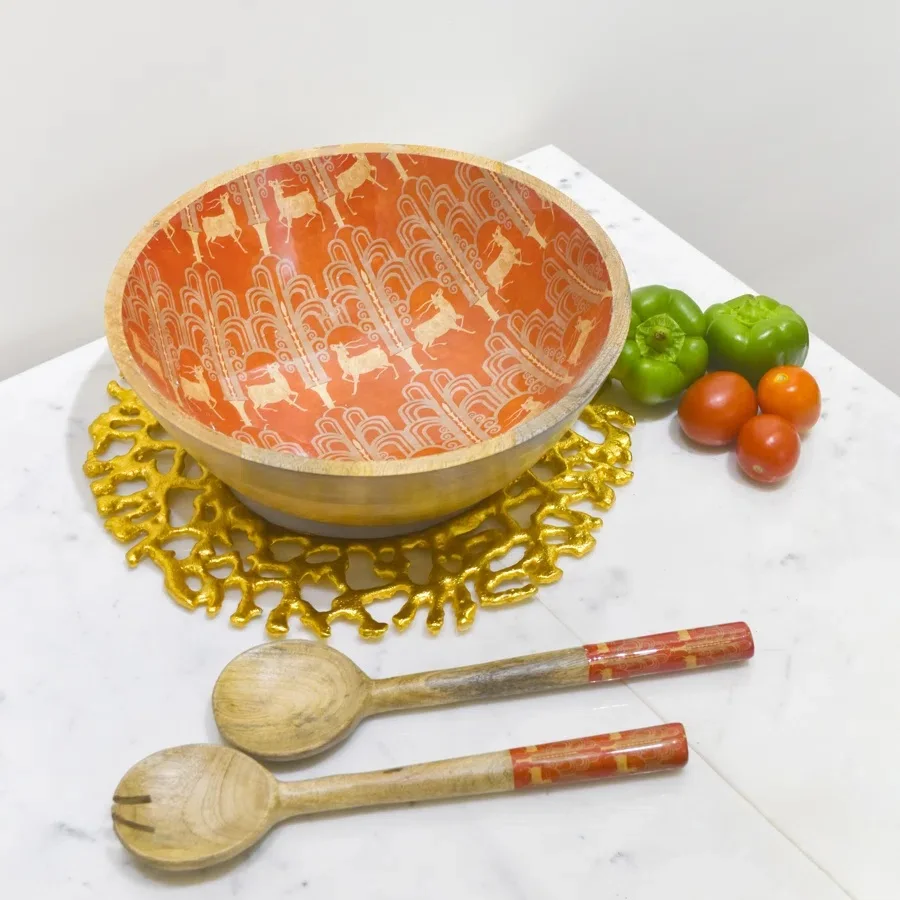 New Home And Kitchen Wood Bowl With Spoon Set Best Enamel Design Hot Selling Bowl Set 2 Spoon At Wholesale Price From India