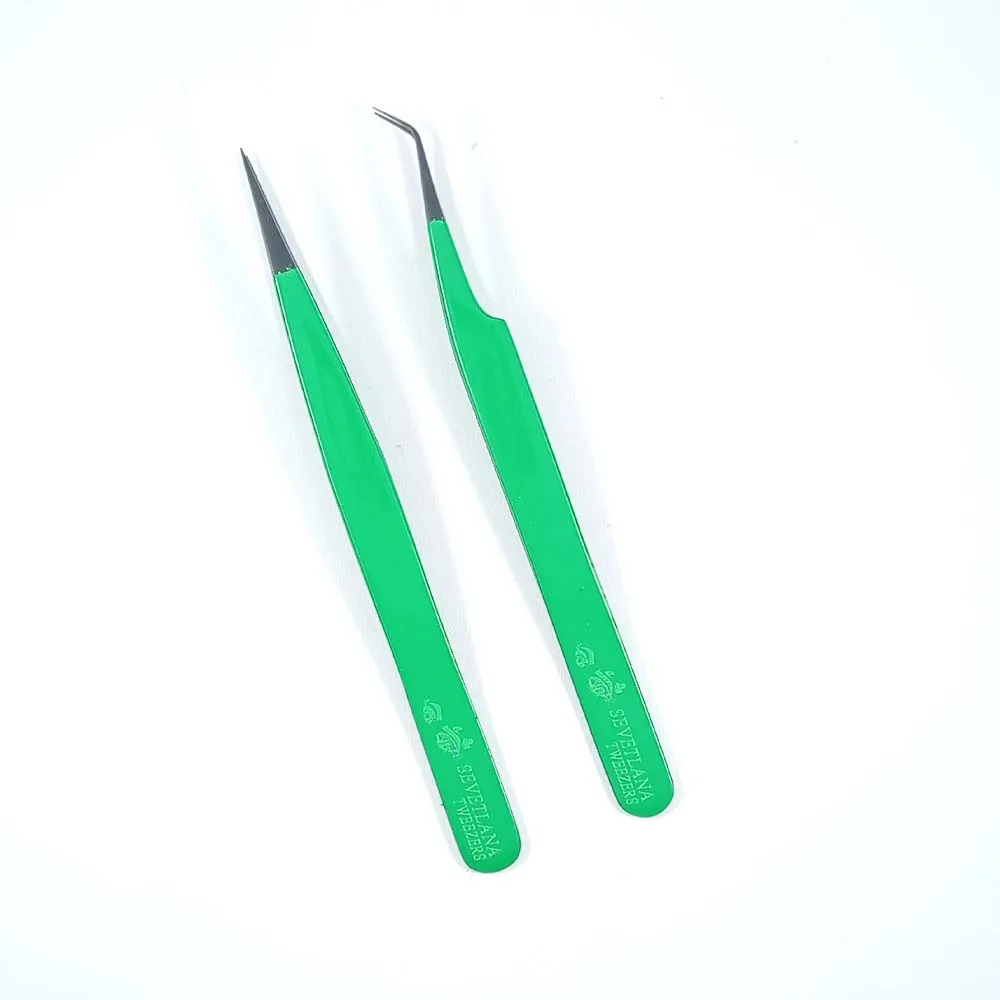 2 Pieces Print Logo Fiber Tip and Smooth Tip Volume Eyelash Tweezers Set 2 Pcs  Tweezers Custom Private Label Lash Tweezers