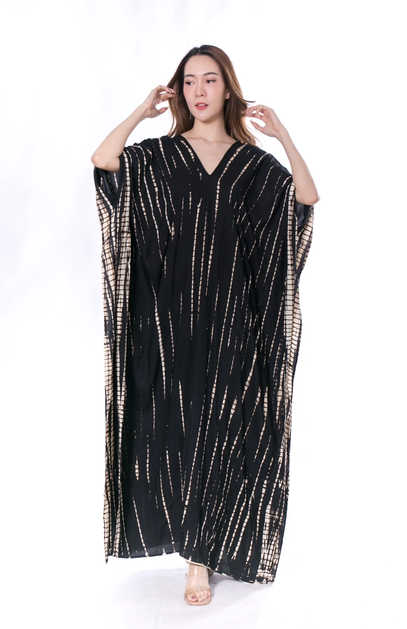 Free Size Printed Pattern Tie Dye Summer Dress Women Casual Stripe Batwing Plus Size Boho Clothing in Black Color