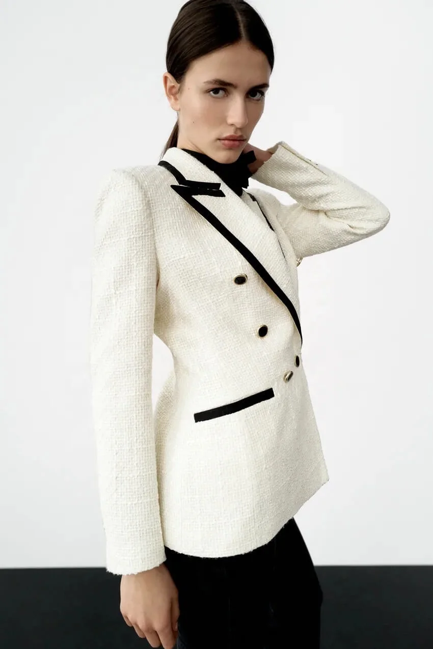 Wholesale Custom Made Women Plaid Check Tweed Blazer Suits Jacket Mini Tweed Double Breasted Blazer Tweeds Blazer