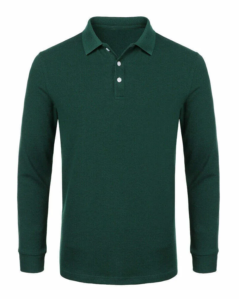 New Style Custom Logo Mens Polo Shirts Solid 100% Cotton Long Sleeve Rugby Polo Shirt Knitted Fabric Casual Plain Dyed