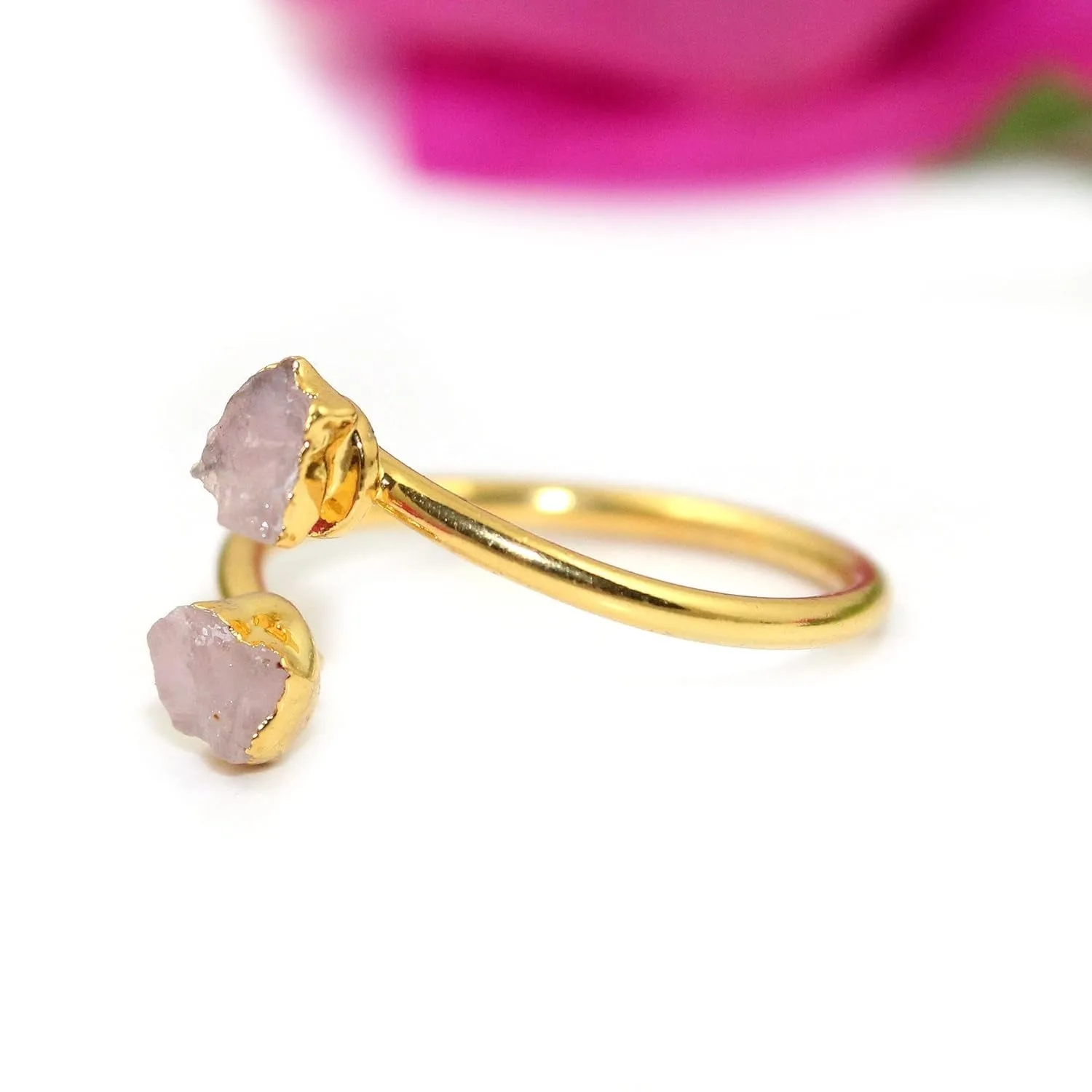Rose Quartz Double Stone Rings ,   Natural Rough Rose Quartz Double Stone January Birthstone Gold Electroplated Rings For Gifts