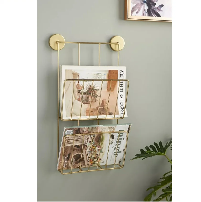 Wire Mesh Metal Magazine Rack Books Holder Stand Leather and Metal Magazine Rack Holder for Desktop Office Hotel and Restaurant
