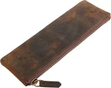 Classic Handmade Leather Pen Pencil Case Large Zip Pouch Stationery Bag PU Accessory Holder for Laptop Office Use Square Pattern