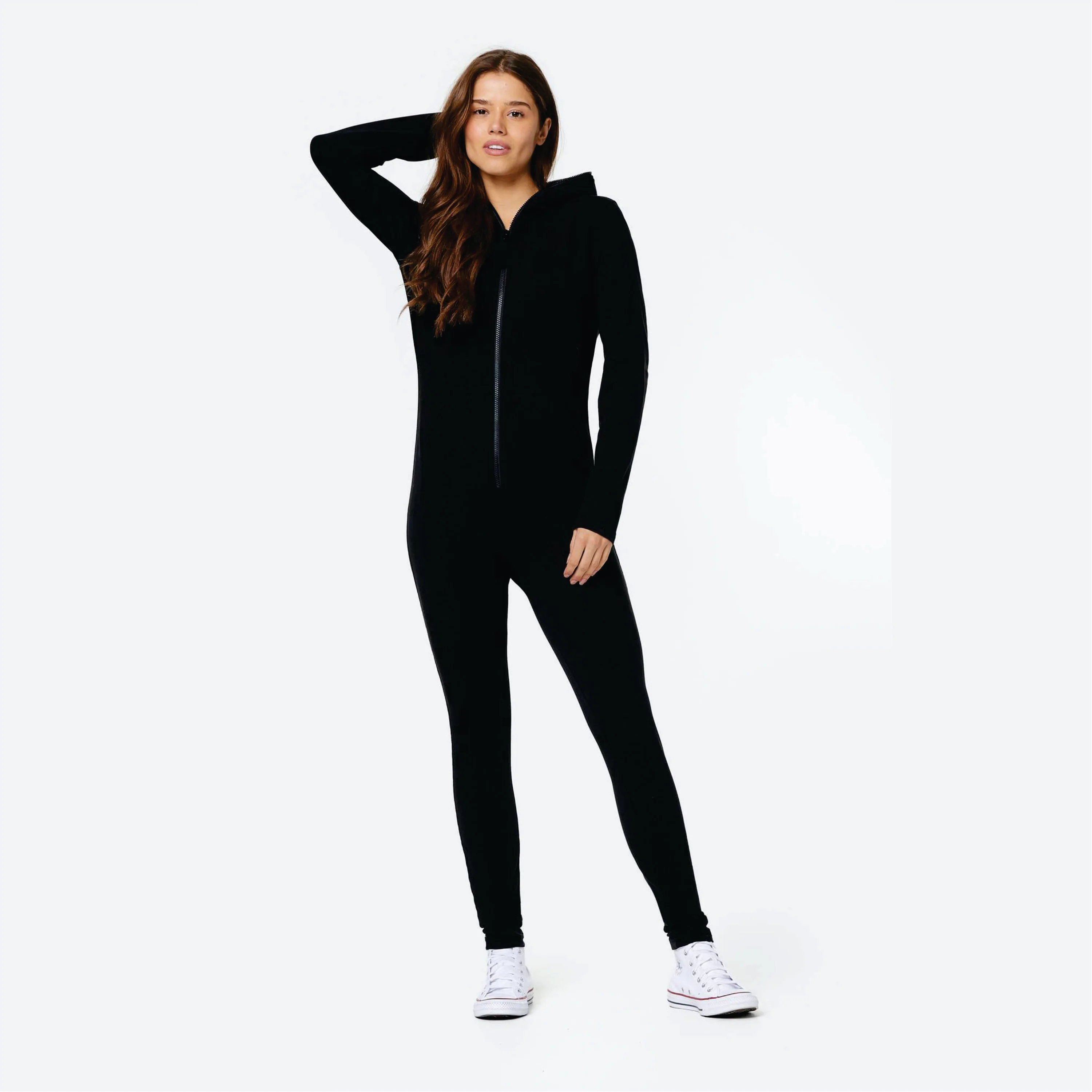 93% Cotton 7% Elastane One Way Zipper Opening Front Kangaroo Pocket Black Women Original Fitted Onesie Slim Jumpsuit