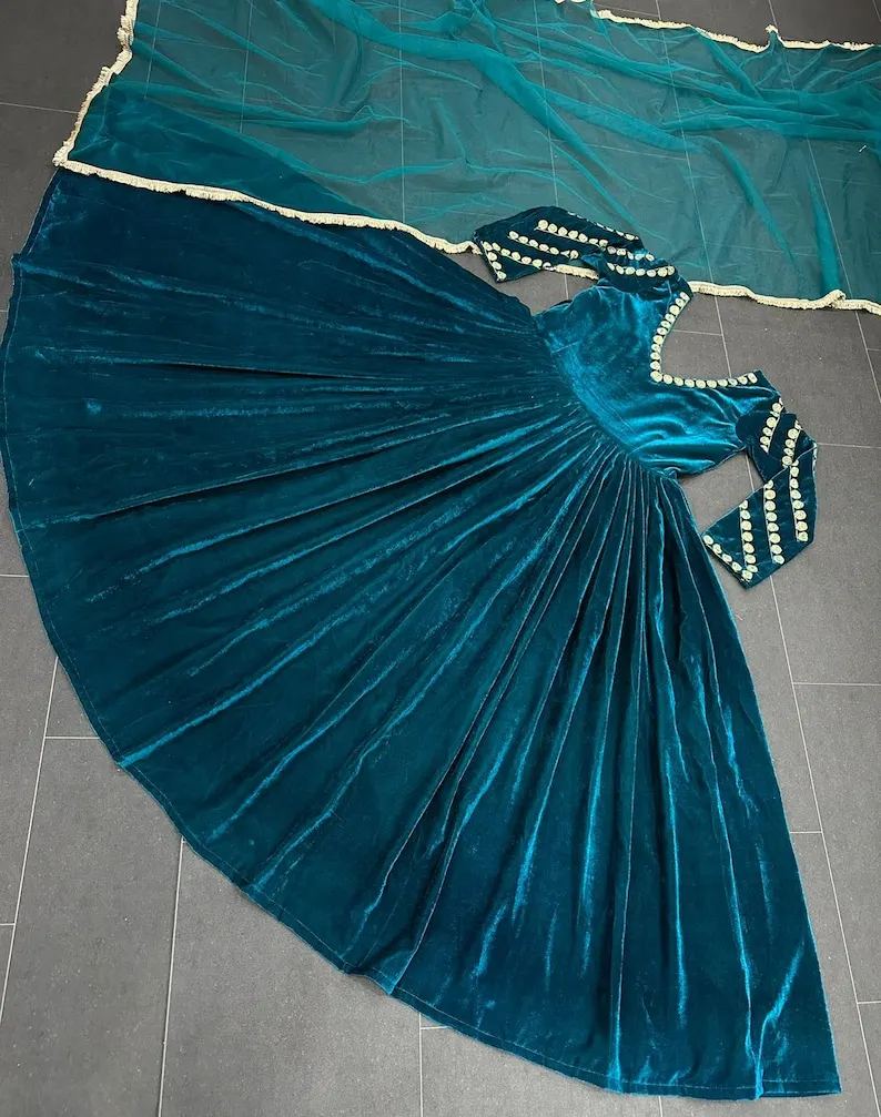 Heavy Velvet Gown Dupatta Green Color Indian Designer Suit With Dupatta for women and Girls Festive Partywear Readymade Dress