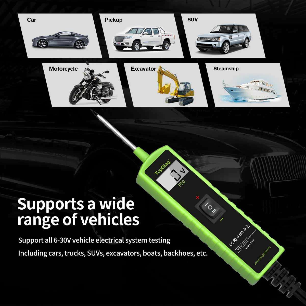 Topdiag P60 Car Circuit Tester Power Probe Automotive Diagnostic Tool 12V 24V Electrical Current Track Locate Short Circuits