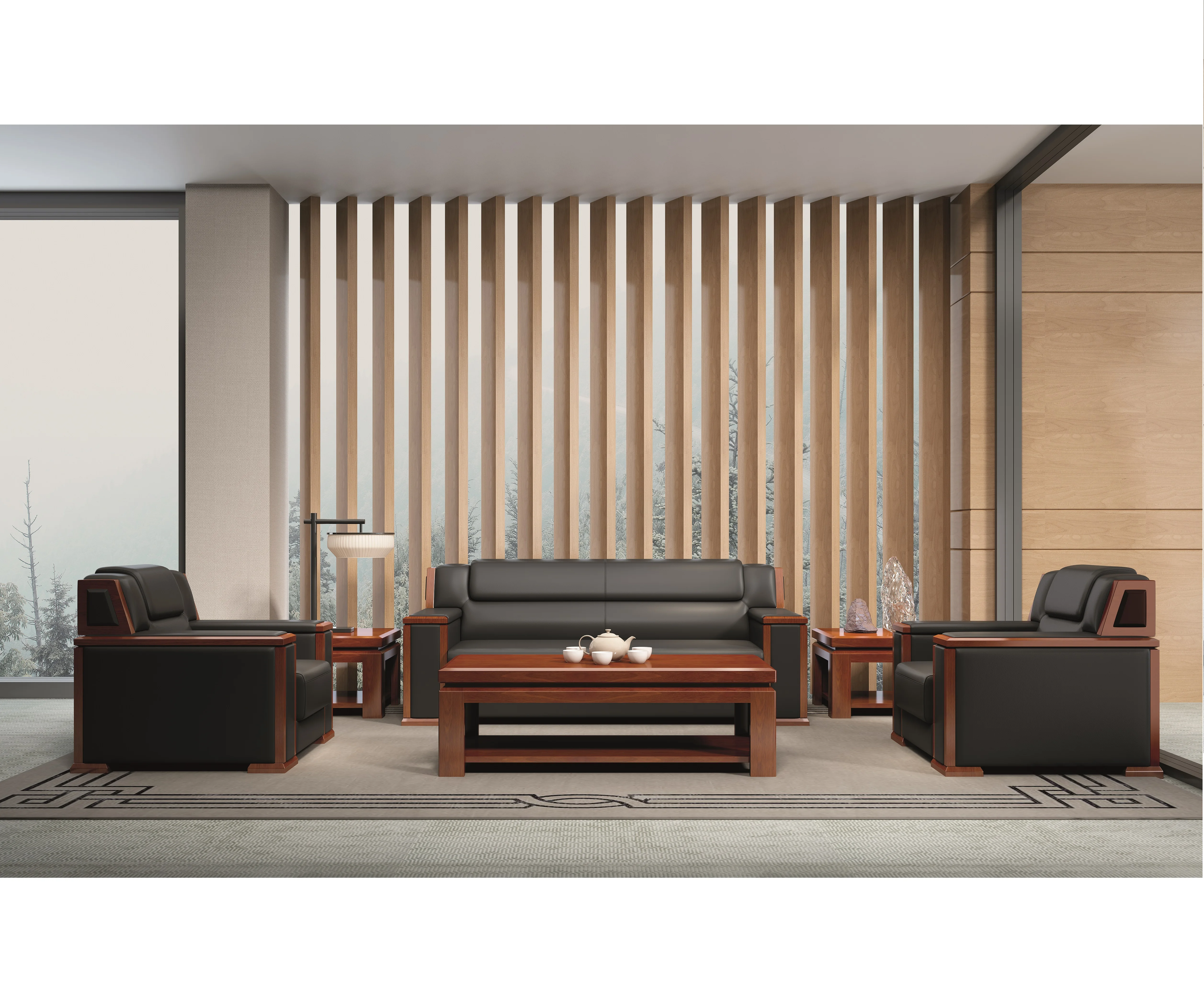 Modern Simple Design Office Sofa Set Conference Waiting Living Room Soft Black Pu Leather Sofa