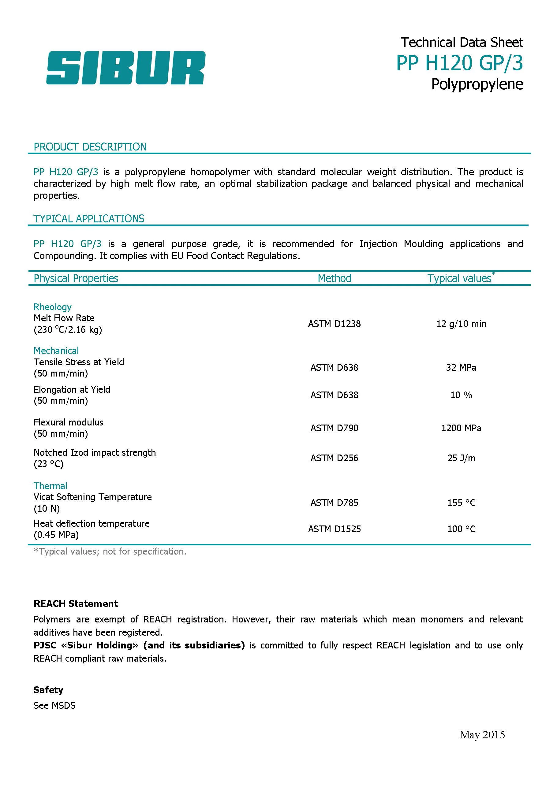 PP H120 GP/3 chemical products material manufacturer recommended for Injection Moulding applications and Compounding