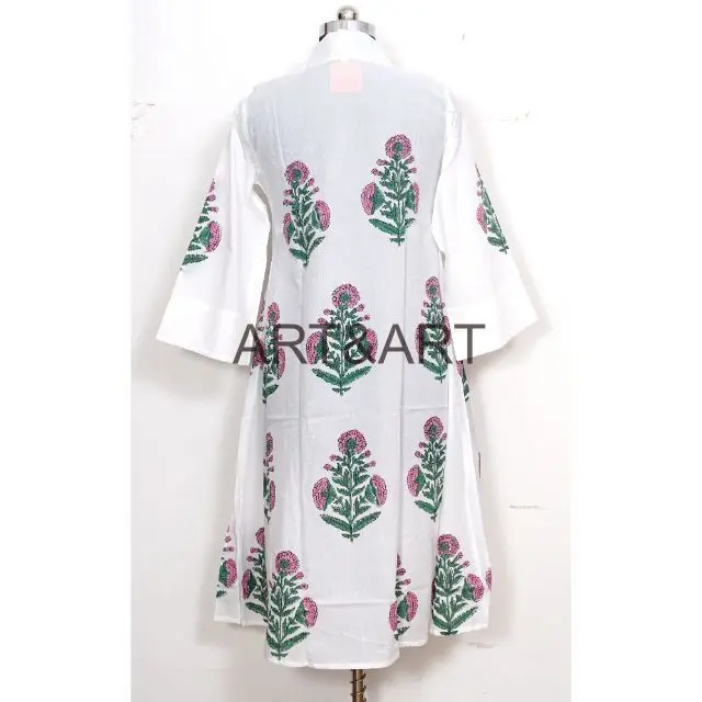 Indian Voile Cotton Hand Block Print Dress Loose Print Luxury Wear Bridal Gown Deep V-Neck Party Wear Casual Dress