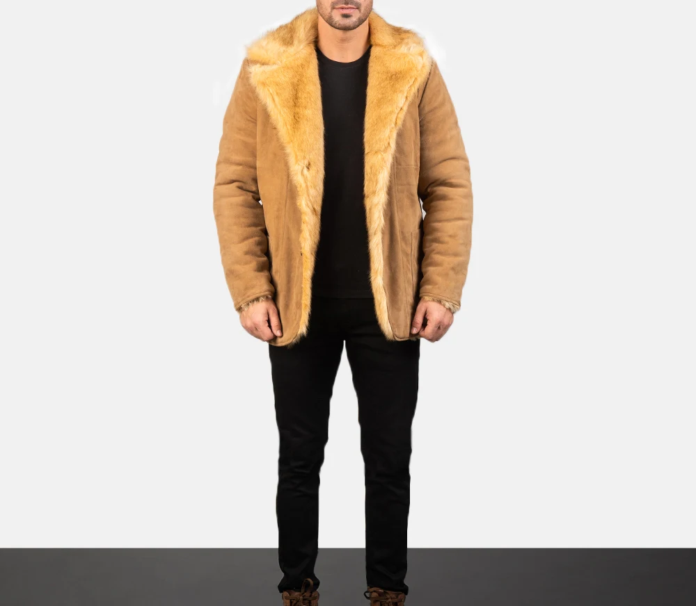 Orange with fully fur coats men leather jacket turn down collar 2 patch pockets button closure soft fur jackets