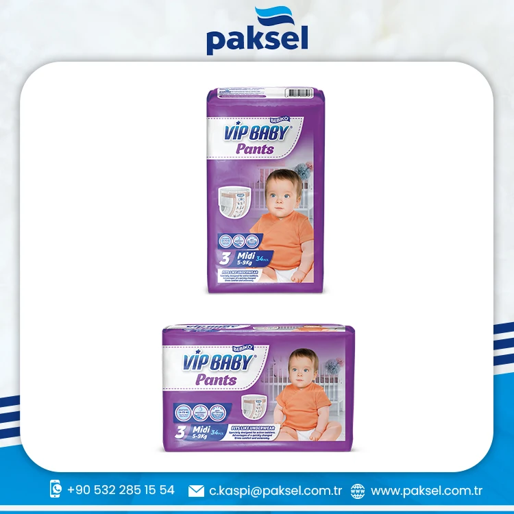 Bulk Supplier Organic 5 To 9 kg 34 PCS VIP Baby Pants Diaper Super Absorbing Midi Baby Diaper at Good Price