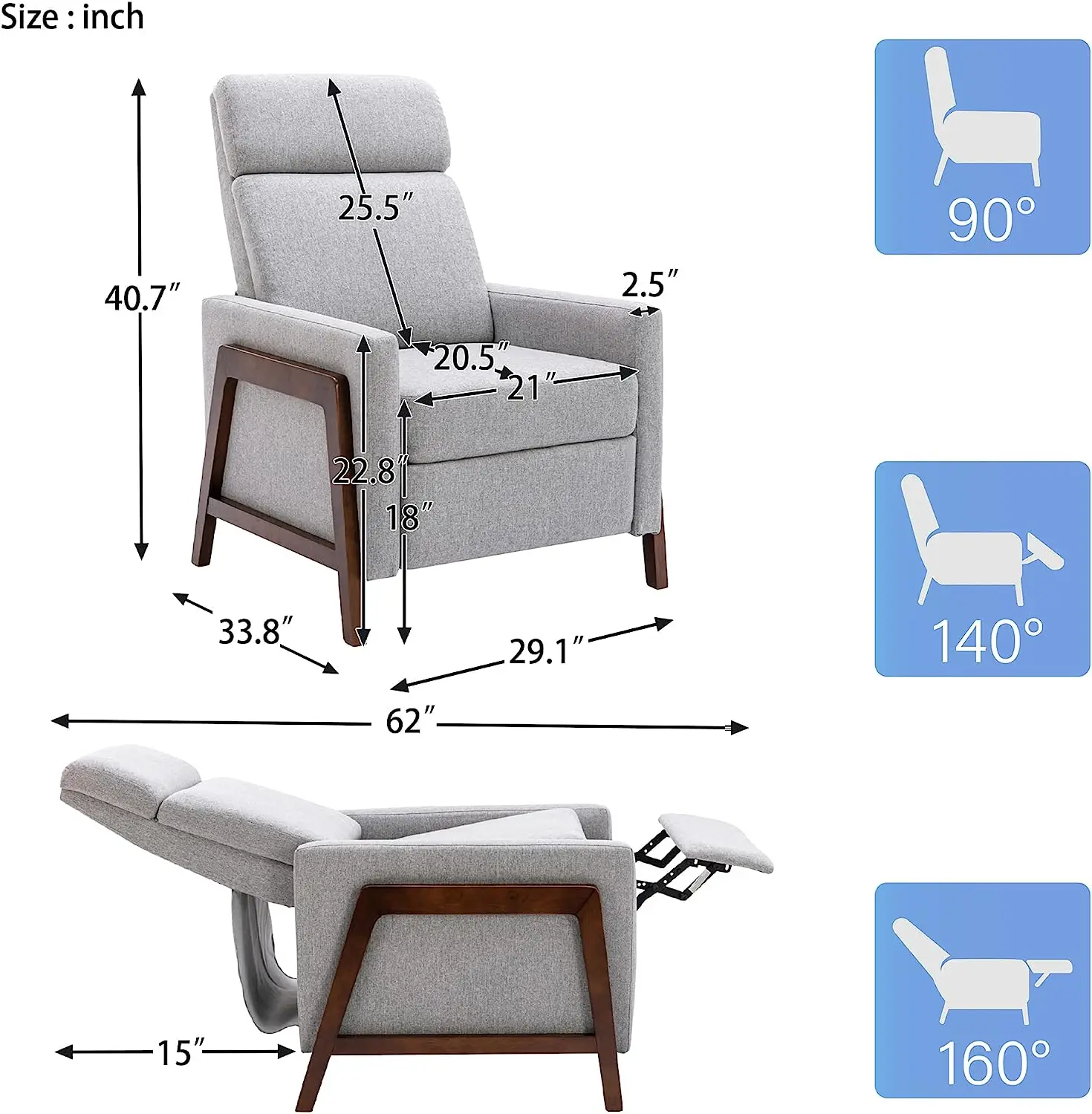 THLCr - 0029 Upholstered Recliner Chair with Thick Seat Cushion and Backrest Wood Greywood Accent Armchair for Living Room