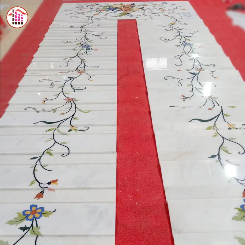 China factory Villa Indoor Beige marble Luxury Waterjet Flower Natural marble Stair steps And Risers Marble Staircase Design